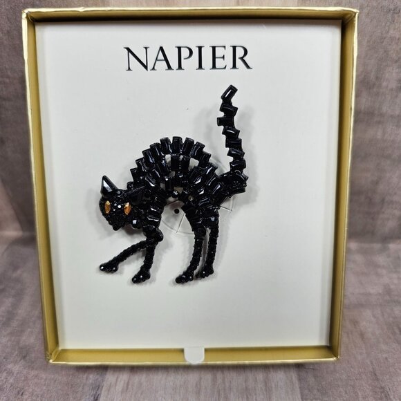 Napier NIB Black Scaredy Cat Brooch Halloween NEW - Picture 1 of 3